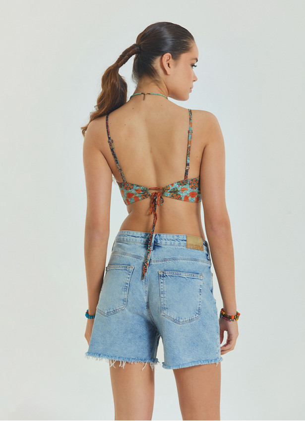 Lace Up Open Back Adjustable Brown Crop Blouse 4653